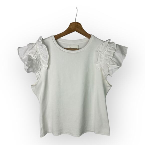 Anthropologie Tops - Anthropologie Womens size Large Ruffle Short Sleeve Ribbed Top White